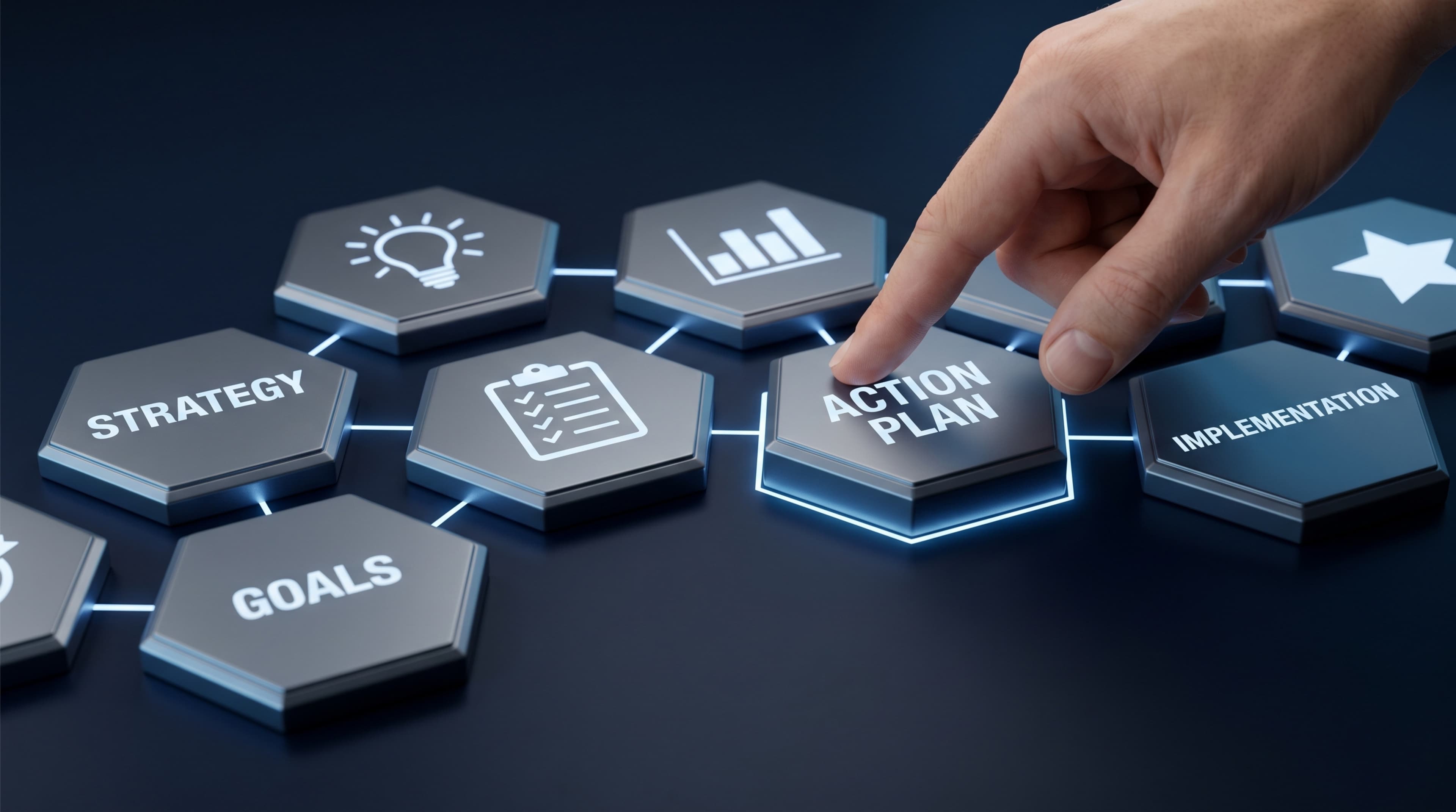 Hand placing an action plan tile into a dark digital implementation roadmap
